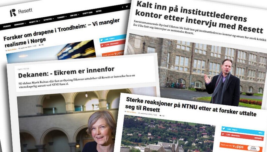 Øyvind Eikrem ble kalt inn på kontoret til instituttlederen etter å ha uttalt seg til nettstedet Resett. Øyvind Eikrem ble kalt inn på kontoret til instituttlederen etter å ha uttalt seg til nettstedet Resett.