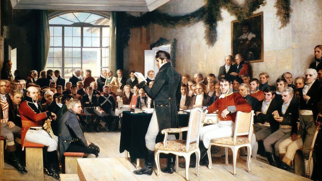 Kvinneandelen var laber da Norges grunnlov ble skrevet - en særs viktig historisk begivenhet, og NTNUs Institutt for historie har valgt dette maleriet for å illustrere egen virksomhet på hjemmesiden sin. Kvinneandelen er ikke god på instituttet heller, men hakket bedre enn på Eidsvoll. Maleri: Oscar Arnold Wergeland Kvinneandelen var laber da Norges grunnlov ble skrevet - en særs viktig historisk begivenhet, og NTNUs Institutt for historie har valgt dette maleriet for å illustrere egen virksomhet på hjemmesiden sin. Kvinneandelen er ikke god på instituttet heller, men hakket bedre enn på Eidsvoll. Maleri: Oscar Arnold Wergeland