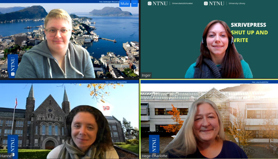Disse bibliotekansatte kan du treffe i Det virtuelle biblioteket, hvor du finner tilbudet om Skrivepress. Øverst fra venstre: Inga Buset Langfeldt, Inger Hesjevoll Schmidt-Melbye, Hanne Lieungh Aspås og Hege Charlotte Lysholm Fader. Disse bibliotekansatte kan du treffe i Det virtuelle biblioteket, hvor du finner tilbudet om Skrivepress. Øverst fra venstre: Inga Buset Langfeldt, Inger Hesjevoll Schmidt-Melbye, Hanne Lieungh Aspås og Hege Charlotte Lysholm Fader.