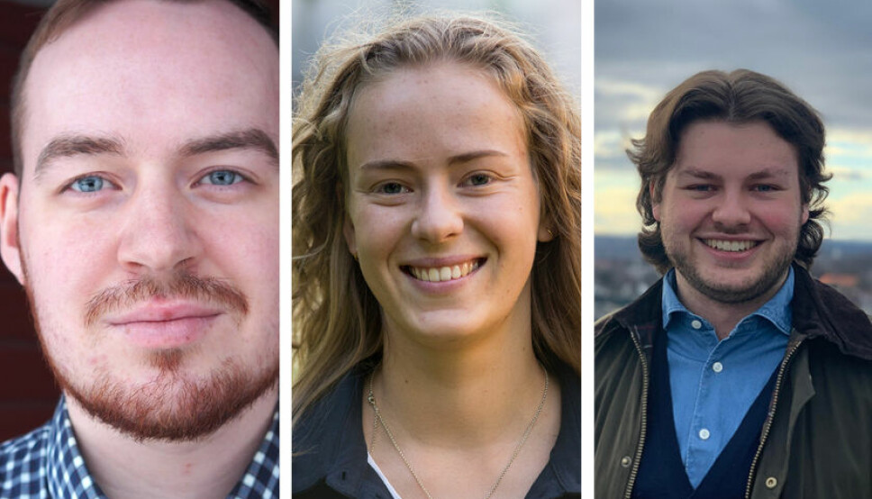 Dette er kandidatene som stiller til valg som leder av NSOs arbeidstvalg i april. Fra venstre: Daniel Hansen Masvik, Tuva Todnem Lund og Jonas Økland.