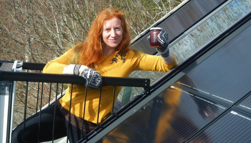 Med hjemmelagde votter og syltetøy, står Ida Fuchs foran sitt eget solcelleanlegg, som produserer hjemmelaget strøm.