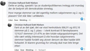 Deler av valgstyret sitter også i Studenttinget, innlegget Dahl Nielsen henviser til var et innlegg i debatten om studentprester signert Studenttingets medlemmer. Deler av valgstyret sitter også i Studenttinget, innlegget Dahl Nielsen henviser til var et innlegg i debatten om studentprester signert Studenttingets medlemmer.