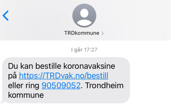 Studenten som sendte oss denne skjermdumpen har flere ganger prøvd å bestille time uten å lykkes. Selv om årsaken er begrensninger i vaksinesystemet blir hun i kommunens statistikk en av studentene som ikke har benyttet muligheten til å bestille dose to. Studenten som sendte oss denne skjermdumpen har flere ganger prøvd å bestille time uten å lykkes. Selv om årsaken er begrensninger i vaksinesystemet blir hun i kommunens statistikk en av studentene som ikke har benyttet muligheten til å bestille dose to.