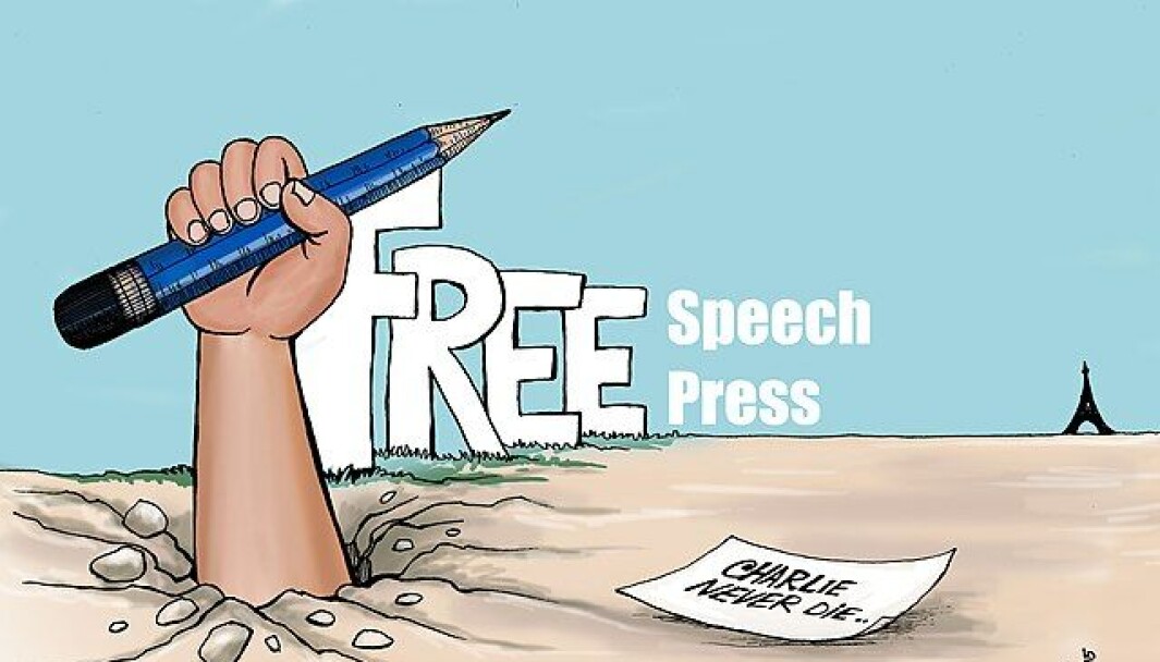 Journalister blir truet, trakassert - og drept. Arifur Rahmans tegning er en hyllest til magasinet Charlie Hebdo. Journalister blir truet, trakassert - og drept. Arifur Rahmans tegning er en hyllest til magasinet Charlie Hebdo.