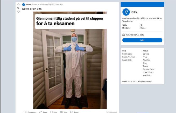 Også på NTNU-siden på nettstedet Reddit reagerer studenter. Noen har respondert med en meme. Også på NTNU-siden på nettstedet Reddit reagerer studenter. Noen har respondert med en meme.