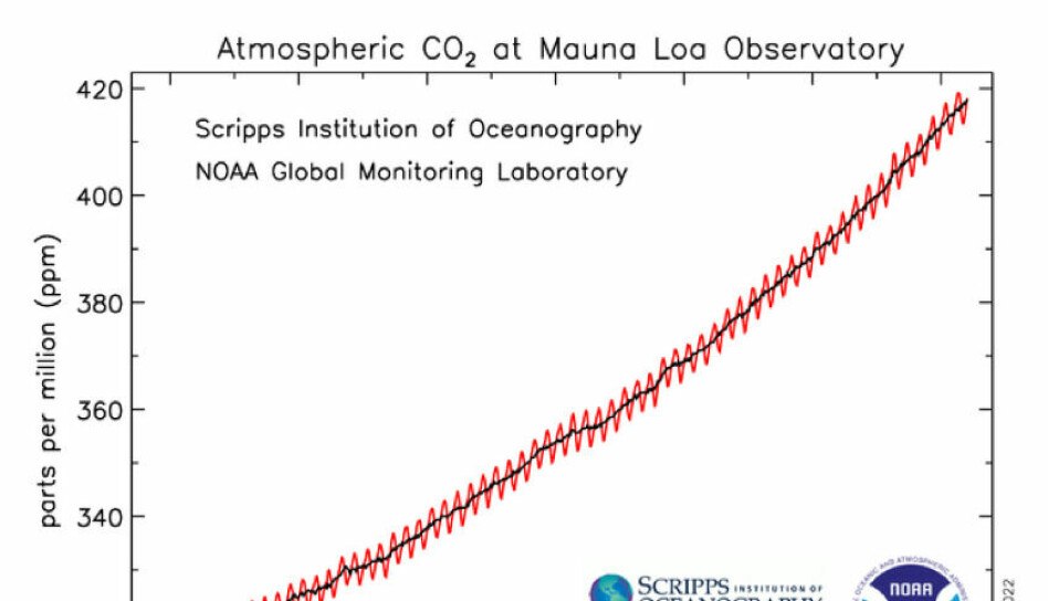 Figur 3. Økning av atmosfærisk CO2 siden starten i 1958.