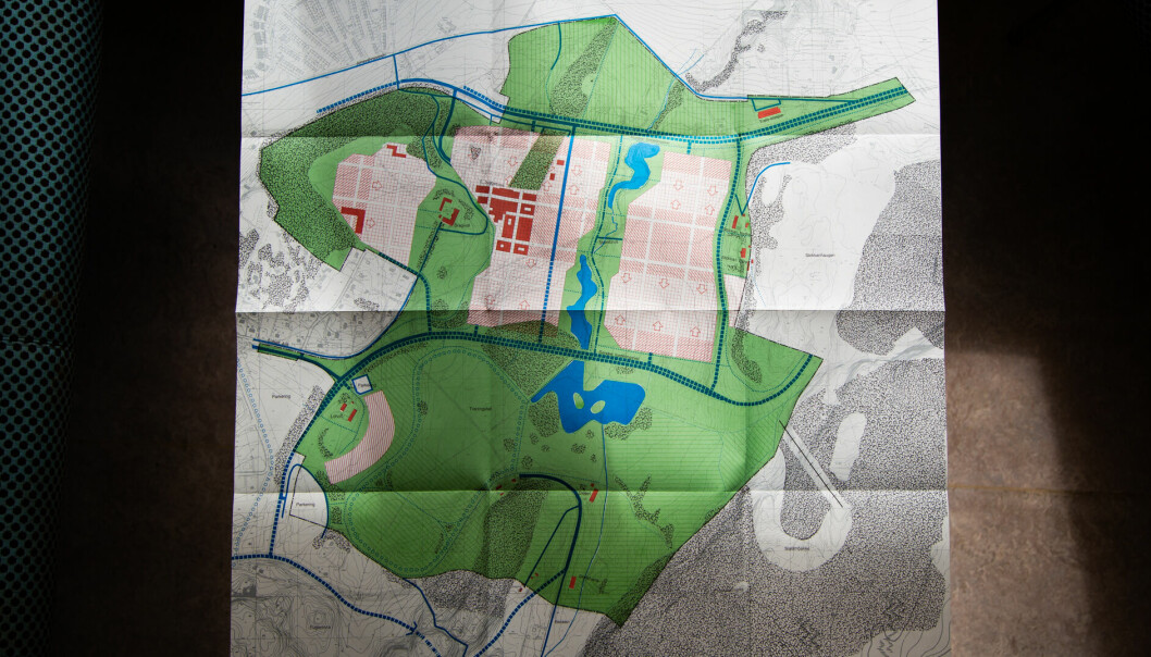 De røde feltene viser første byggetrinn, som sammen med litt ekstra utgjør dagens NTNU-lokaler på Dragvoll. De skraverte områdene er planlagte utbyggingsområder, mens grøntarealene nederst i praksis ble foreslått etablert som en gedigen idrettspark.