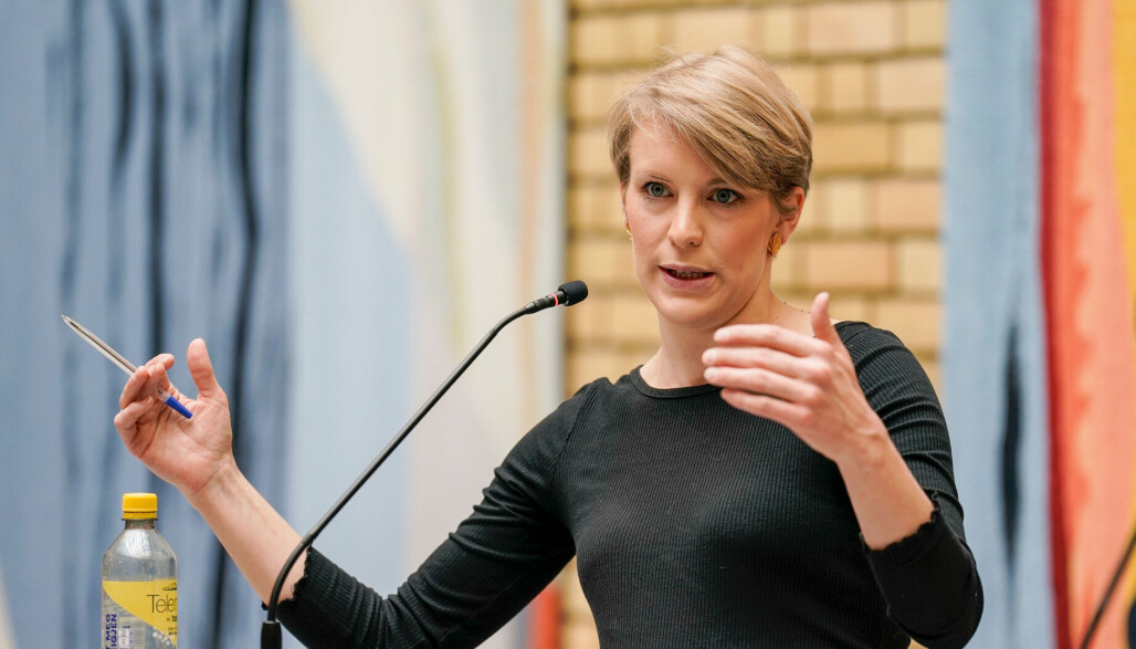 Kari Elisabeth Kaski (SV) under pressekonferansen om revidert nasjonalbudsjett i Vandrehallen i Stortinget tirsdag morgen. Kari Elisabeth Kaski (SV) under pressekonferansen om revidert nasjonalbudsjett i Vandrehallen i Stortinget tirsdag morgen.