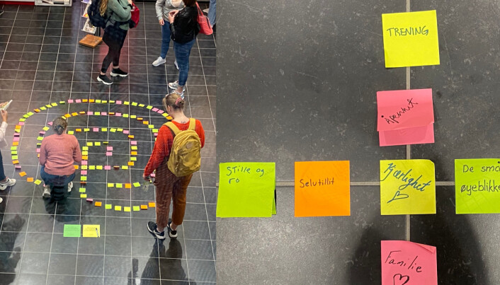 Studentprest ved NTNU i Gjøvik, Anne Anker Bolstad har lagd installasjoner som post-it-labyrinten for å oppmuntre studentene til å reflektere. Studentprest ved NTNU i Gjøvik, Anne Anker Bolstad har lagd installasjoner som post-it-labyrinten for å oppmuntre studentene til å reflektere.