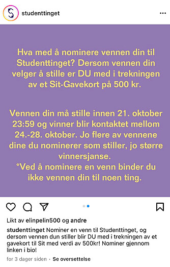Faksimile fra Studenttingets Instagramkonto Faksimile fra Studenttingets Instagramkonto