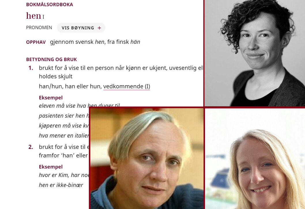 «Hen» er et av de nye kjønnsnøytrale pronomene man kan omtale mennesker som ikke ønsker de tradisjonelle pronomene «han» og «hun». Elisabeth Stubberud, Kristian Gundersen og Janet Rautio Øverland har alle tatt stilling til bruken av pronomenet. «Hen» er et av de nye kjønnsnøytrale pronomene man kan omtale mennesker som ikke ønsker de tradisjonelle pronomene «han» og «hun». Elisabeth Stubberud, Kristian Gundersen og Janet Rautio Øverland har alle tatt stilling til bruken av pronomenet.