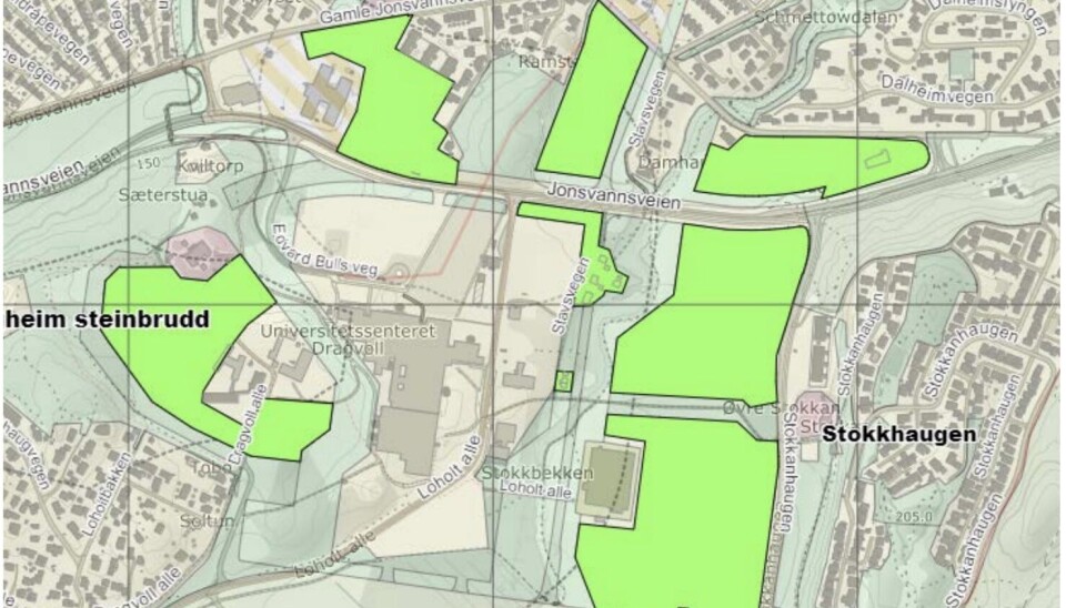 De seks lysegrønne feltene skal omreguleres fra boligformål til landbruksformål (LNF), hvis Trondheim kommunes forslag går igjennom.