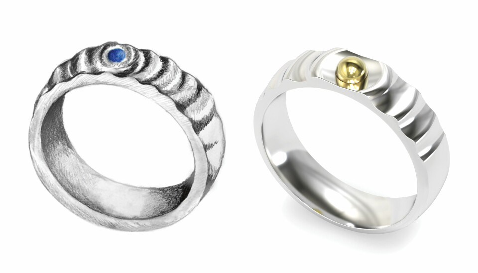 Her er ringens førsteutkast (t.v.) og den endelige versjonen side om side. Det er flere aspekter ved ringen som har endret seg.