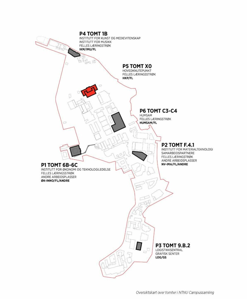 Illustrasjonen viser en oversikt over tomtene i campusutviklingsprosjektet