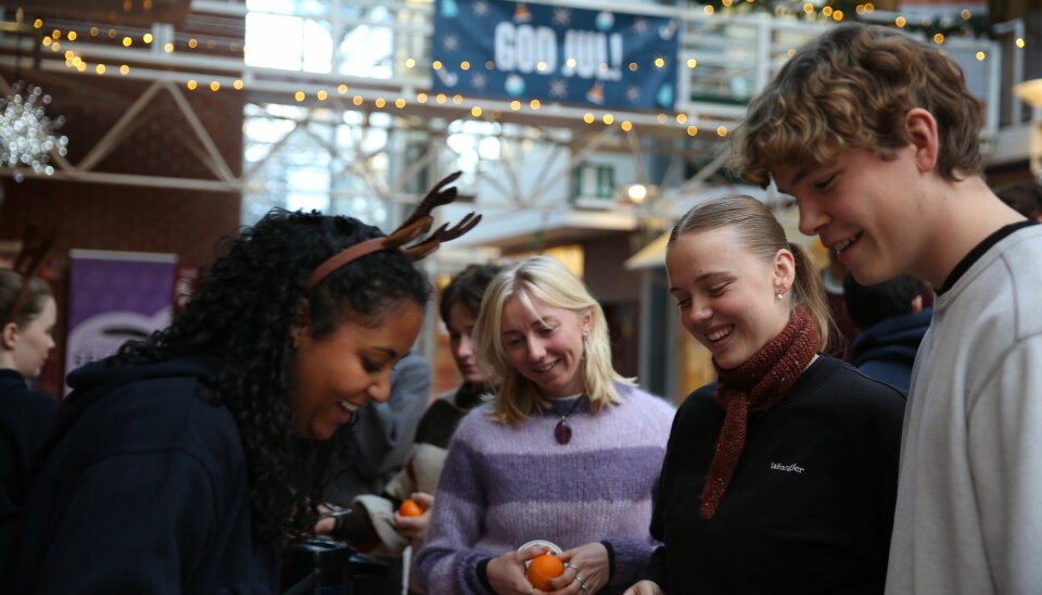 Studentene Eline Hellen, til venstre, Martine Wergeland Ulseth og August Alver Solli får en mandariner og en prat med campusvert Åshild Keshavarzy.