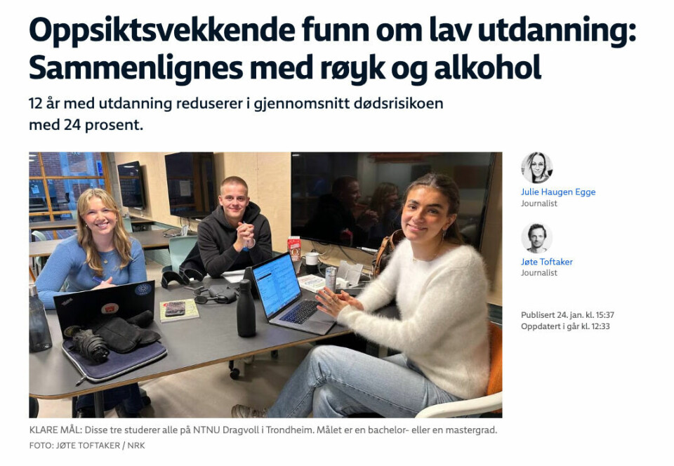 Faksimile: NRKs artikkel om forskningen.