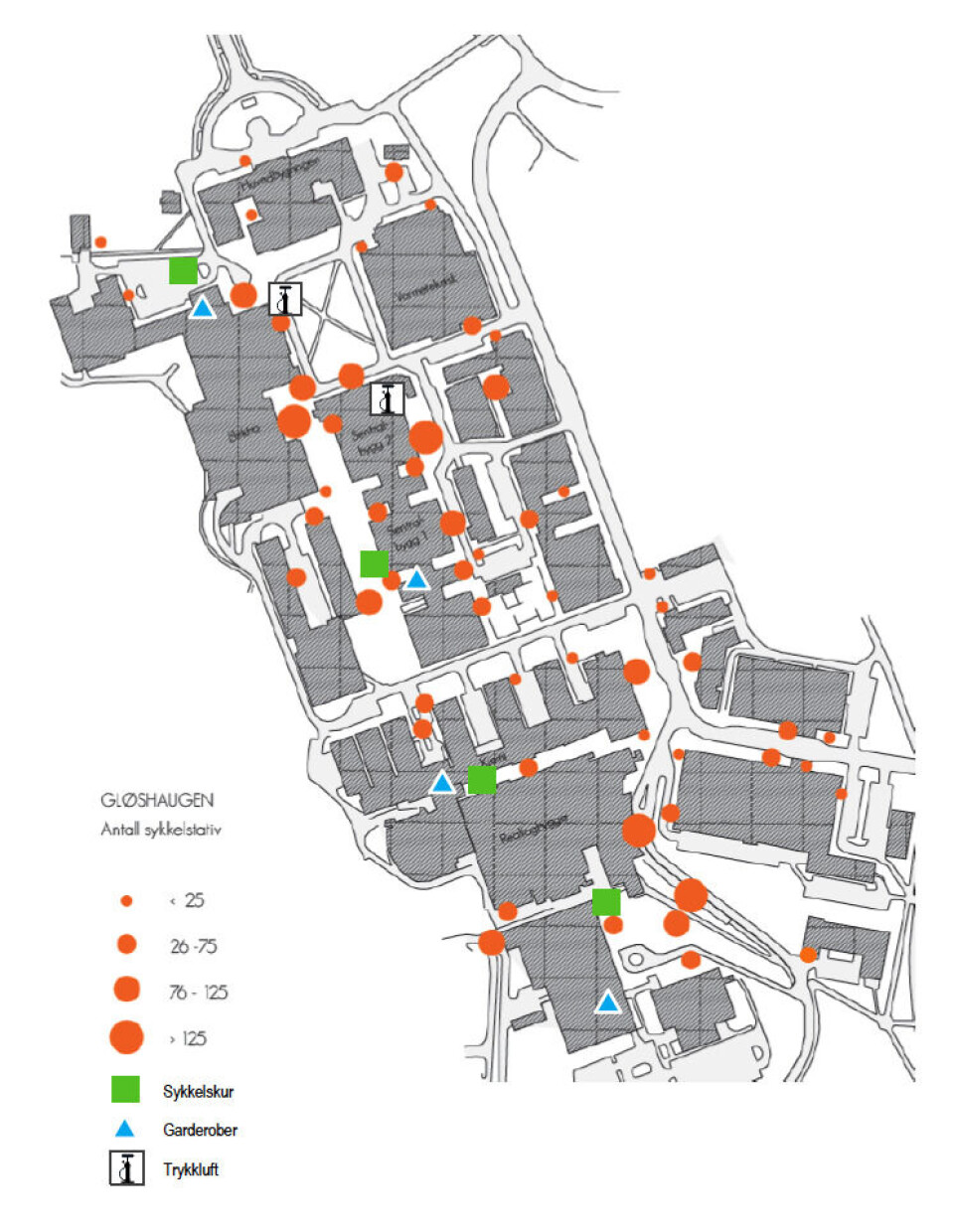 Det er allerede mange sykkelstativ plassert rundt om på Gløshaugen. den dag i dag.