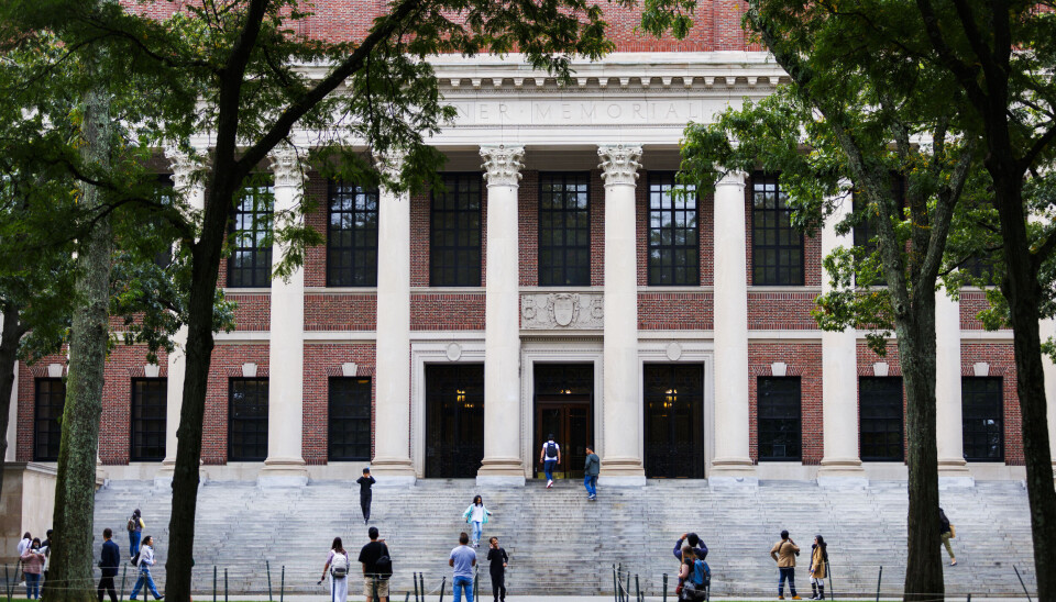 Utsikt over Widener-biblioteket ved Harvard University. Rødmurt fasade med seks doriske søyler, bred steintrapp omgitt av trær, med folk på og rundt trappen.